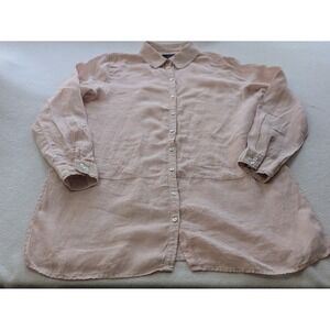 Tahari Womens Sz M Linen Shirt Tunic Top pink Beige Roll Tab Sleeve Beachy Boho